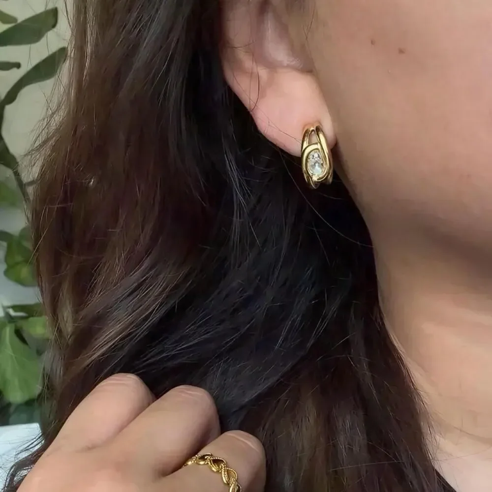 Vintage Style Gold Sculptural Clear Zircon Stud Earrings + Jewelry Pouch
